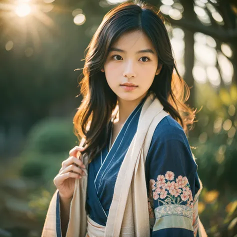 A hyper-realistic image of a single Japanese woman in her early 20s, captured from the shoulders up with the distinctive warmth and pronounced graininess of a vintage film camera. She is wearing a traditional Japanese yukata, featuring a detailed, classic ...