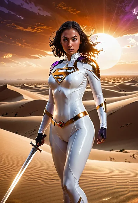 "Show a superhero  super girl with heavy big breast in a sleek, white wet suit standing in a vast desert with towering sand dunes. The hero holds a sword made of pure energy, glowing with a white light. The sun is setting, casting long shadows and a golden...