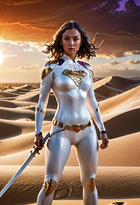 "Show a superhero  super girl with heavy big breast in a sleek, white wet suit standing in a vast desert with towering sand dunes. The hero holds a sword made of pure energy, glowing with a white light. The sun is setting, casting long shadows and a golden...