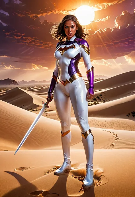 "Show a superhero  super girl with heavy big breast in a sleek, white wet suit standing in a vast desert with towering sand dunes. The hero holds a sword made of pure energy, glowing with a white light. The sun is setting, casting long shadows and a golden...