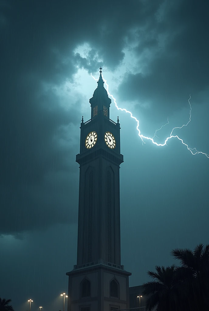 A thunderstorm light on Saudi macca clock ower 