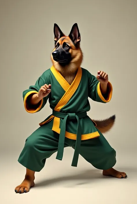 A German Shepherd. Wearing a green and yellow karate robe. Doing a karate pose 