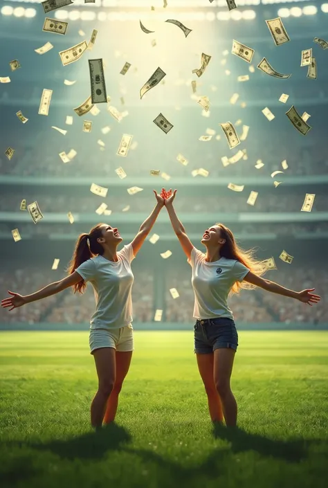 Two beautiful women smiling happily, looking up, spreading their arms, waiting to receive money, with a lot of money falling from the sky, in the middle of a football field.