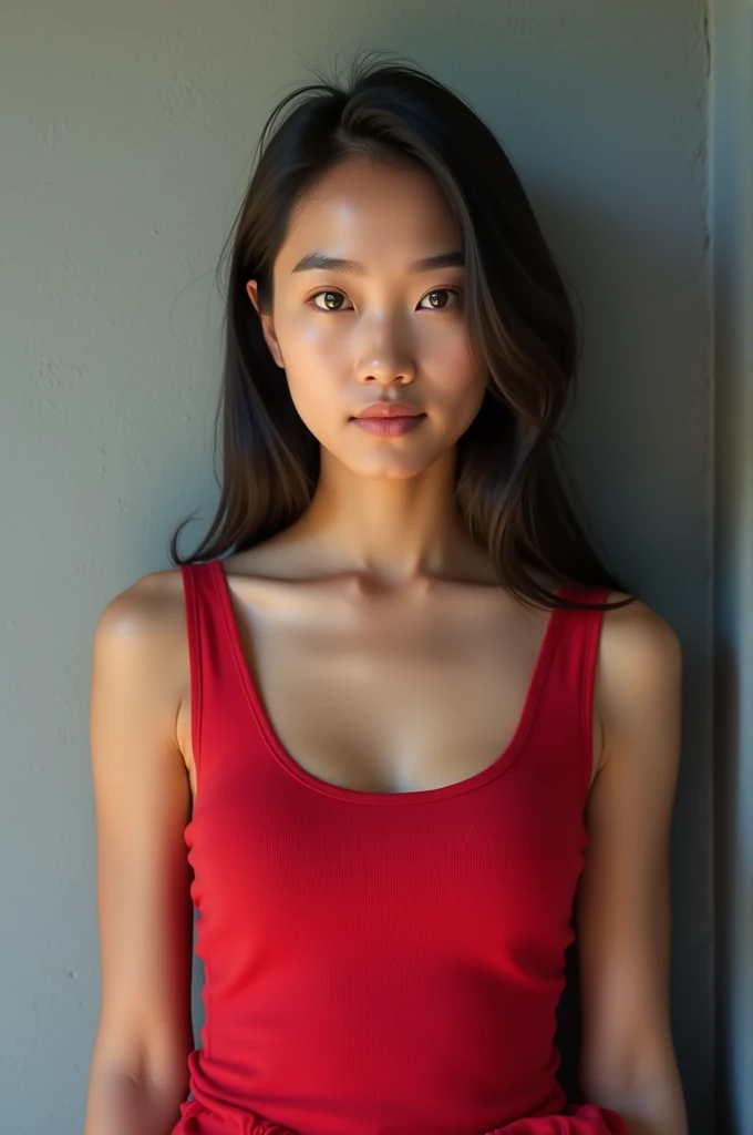 1woman,Indonesian,Look at viewer, red tanktop, ((Grey Wall Background)), High Quality, Photorealistic, Natural Lighting, Glowing Skin, ((Smooth Skin)), Shot with Sony A7 mark IV, Standing Up, Sharp Clear Subject, ,Sdwku2,AYUSWANDEWI