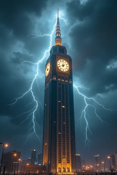 A thunderstorm light on Saudi macca clock tower 