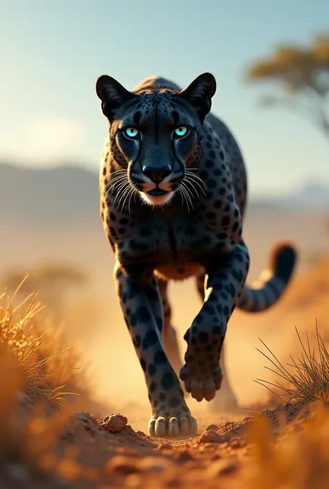 Black cheetah with blue eyes in the savannah