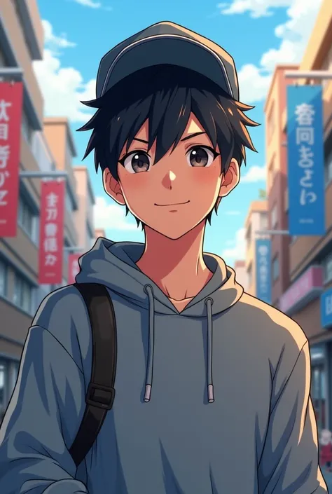 (best qualityer:0.8) perfect anime illustration, a handsome, happy man with short black hair, wears a cap on the city streets, wearing a sweatshirt,