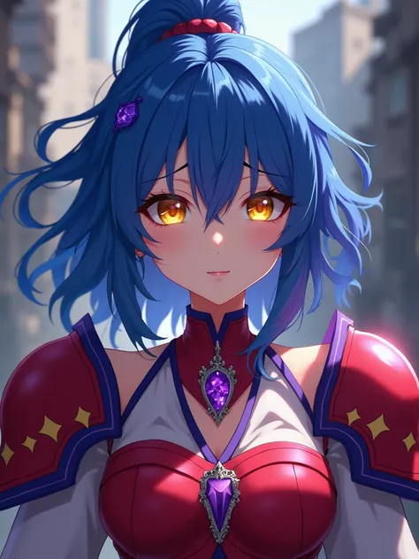 anime style, female character, (((yellow eyes))), (((red clothes))), (((blue hair))), hair loose in the front and tied back, purple choker on the neck, , red armor, purple details on the armor, white shirt underneath the armor, purple pendant in the hair (...