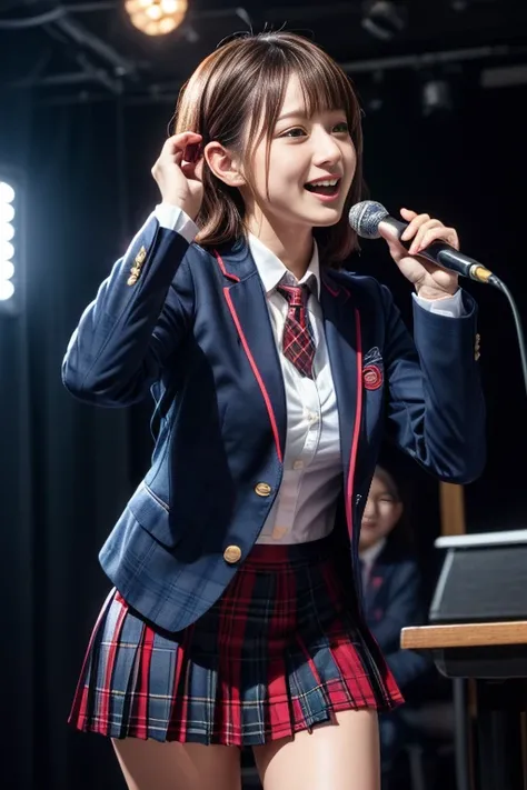 ​(realistic, photo-realistic), (masterpiece, best quality), high resolution, intricate details, extremely detailed, sharp focus, looking at the viewer, solo, 1girl, an idol group member, (AKB48-style costume), (navyblue blazer with red trim on cuffs and re...