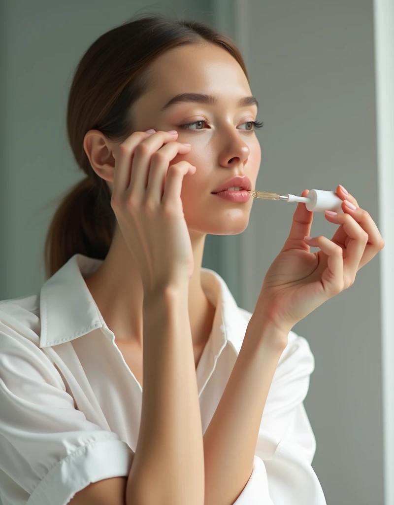 Woman applying drops to her face with a pharmacy dropper