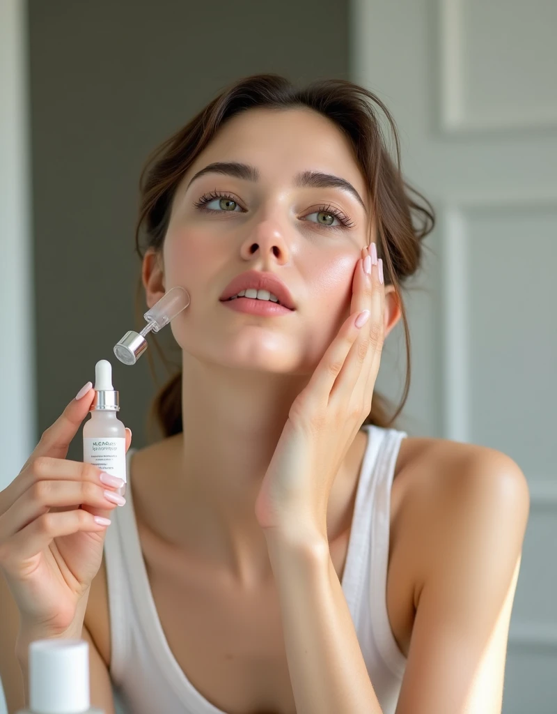 Woman applying drops to her face with a pharmacy dropper