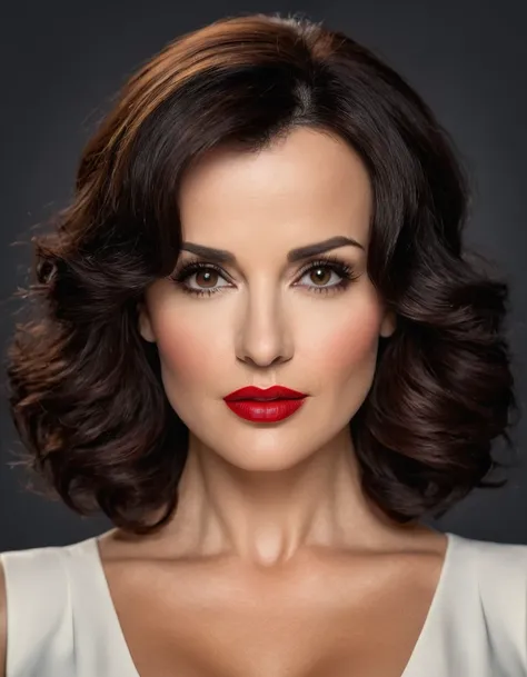 A waist-up portrait of a beautiful female whose facial features are a combination of Lisa Ann + Carla Gugino. The female has lovely makeup on her face. The female wears red lipstick. Symmetrical eyes. Symmetrical face. Lovely details. Photorealistic. Full-...