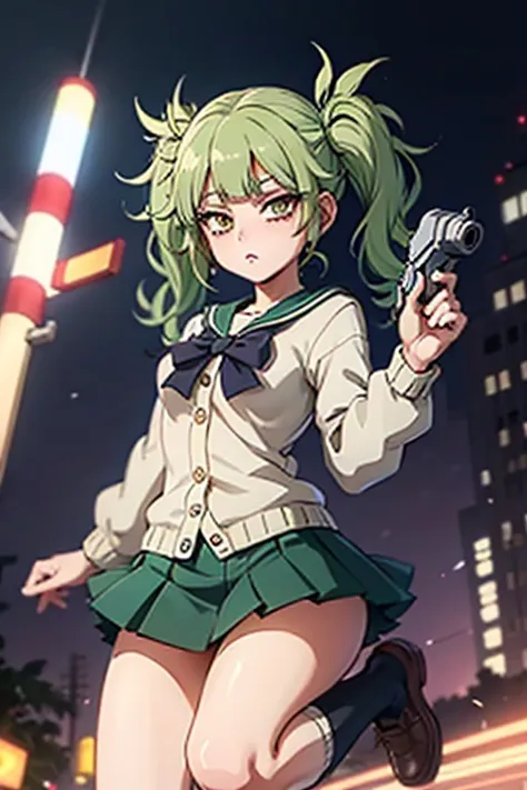 Highest quality、Ultra HD、One Woman、(Green hair twintails 1.3)、(Sailor suit 1.3)、(Black Loafers 1.1)、(Beige cardigan 1.1)、((Shooting a gun 1.2))、(White knee-high socks 1.2)、(Japanese Idol Face 1.2)、2 female、Slender body、(Night city background 1.2)、((Clear a...