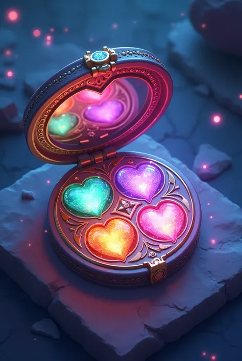 Heart motif, 4 colored gems placed in 4 directions, magic compact, cartoon, anime, magic, transformation
