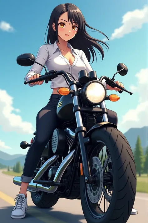 "An anime-style girl with tan skin, black hair, and honey-colored eyes, sitting on a black chopper motorcycle. She is wearing a sleek white dress shirt with a formal, elegant design, paired with black jeans and white sneakers. The scene is set on an open r...