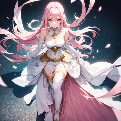 woman,pink hair,Platinum eyes,White dress set,Floor length skirt,Breastplate