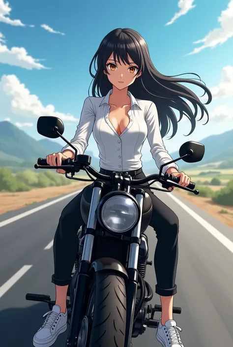 "An anime-style girl with tan skin, black hair, and honey-colored eyes, sitting on a black chopper motorcycle. She is wearing a sleek white dress shirt with a formal, elegant design, paired with black jeans and white sneakers. The scene is set on an open r...