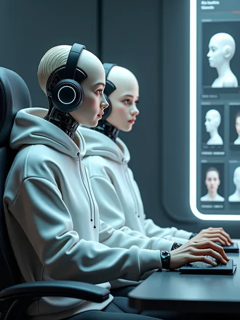 A robot with a person with a similar face in a white sweatshirt sits on a compulter armchair for computers in one hand mouse. On the head is a white hood and the top is dressed by Sonya headphones, photos on the profile on the right side. (Super quality), ...