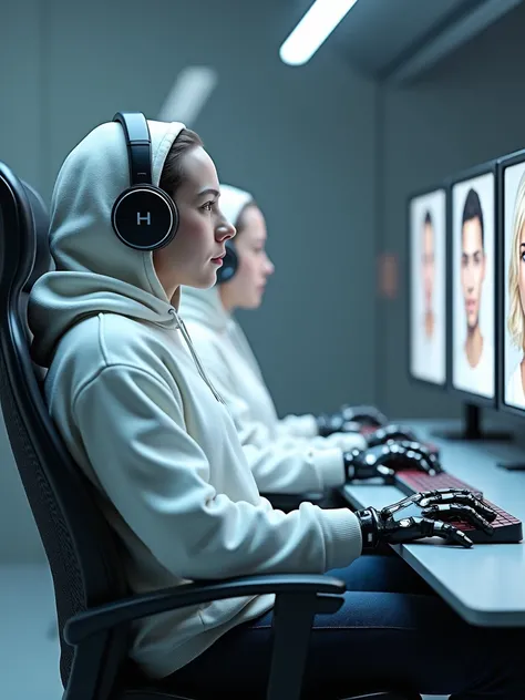 A robot with a person with a similar face in a white sweatshirt sits on a compulter armchair for computers in one hand mouse. On the head is a white hood and the top is dressed by Sonya headphones, photos on the profile on the right side. (Super quality), ...