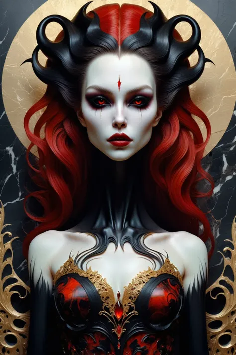 a beautiful illustration of a vampire woman made from an abstract marble texture, with colors of black, red and gold, highly detailed, intricate design, marble material, BY Anne Bachelier,