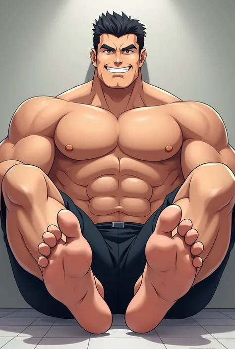 Muscular anime man  sitting on the floor with his bare feet streched out infront of him. Camera facing infront of him as he shows of his feet