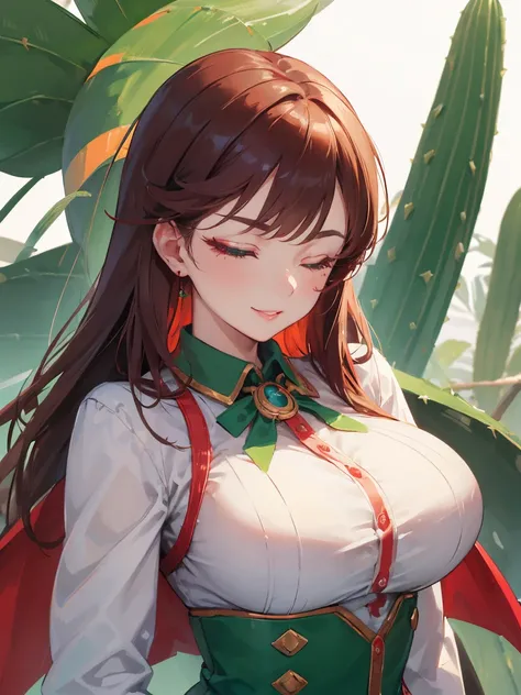 1female, flag of MEXICO inspired costume, her costume consist of stand collar dress shirts, ,green and white and red, eagle, cactus and snake, perfect proportion, one eye closed, red brown hair with green bicolor hair,  long bangs, detailed face,　big heart...