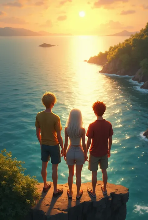 Draw three people with their backs turned looking at a horizon at sunset, looking across to another continent with lots of trees, separator by the sea, They are standing on the edge of a cliff. One of them is a blonde haired feminine man with shoulder leng...