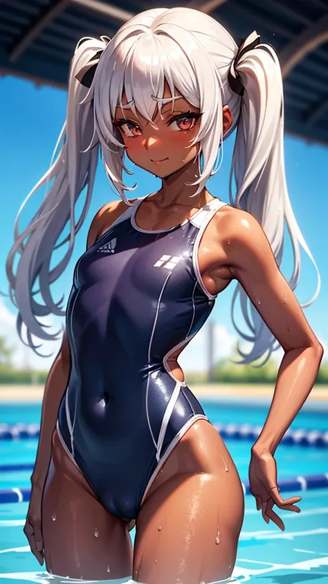 （dark skin,Silver Hair,Fox Girl）,(Perfectly detailed face),(Young),twintails,(Wet compression one-piece full back swimsuit),cameltoe,School swimming pool,noon,sweaty,Smirk,High resolution, masterpiece, Highest quality, High resolution, Cowboy Shot