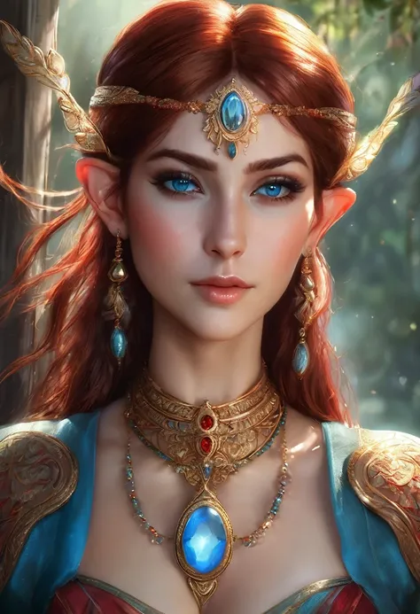 (masterpiece:1.3),beautiful face, full and sexy body, sexy hips, (realistic face), (Red hair, Long hair:1.3), beautiful hairstyle, realistic eyes, beautiful detailed eyes, (Realistic skin), beautiful skin, detailed face, detailed eyes, beautiful, (elf woma...