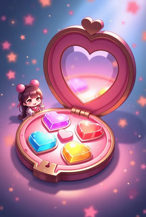 Heart motif, 4 colored gems placed in 4 directions, magic compact, cartoon, anime, chibi character, human
