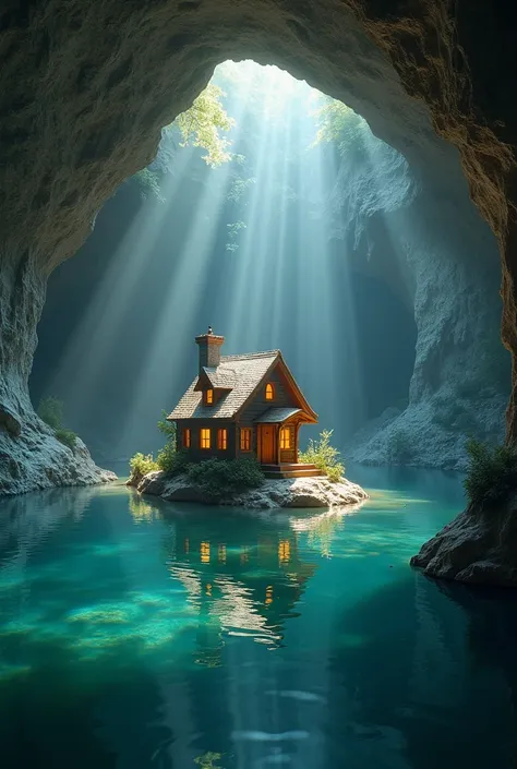 a small tiny house in center of cave on small island, surrounded by serene lake, beautiful detailed house, stone cave walls, underwater scene, clear water, calm lake, sunlight shining through cave entrance, warm golden lighting, highly detailed, photoreali...