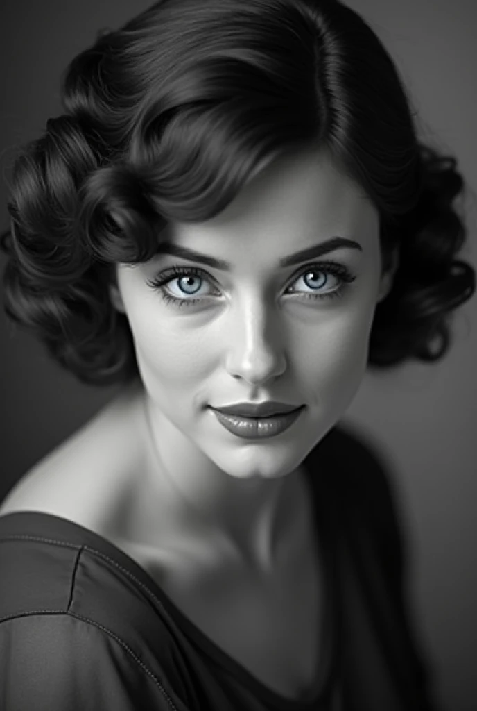 An old, mysterious black and white photograph, in the early twentieth century, The photo shows a beautiful young actress dressed up., Smiling, Mysterious monochrome photograph, Only her eyes are blue, Bright blue eyes are striking, close-up