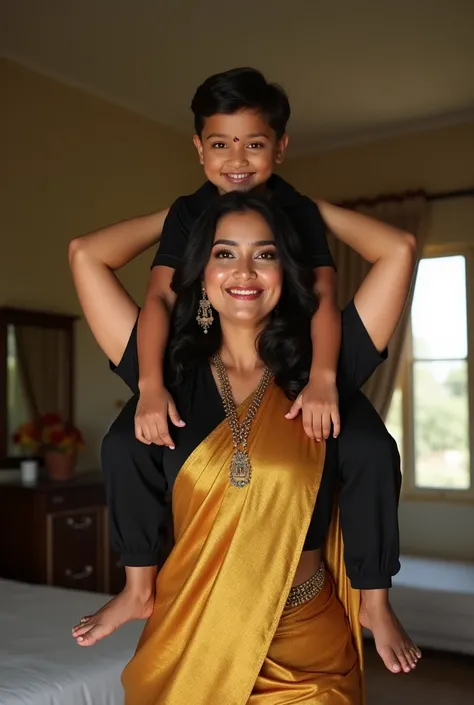 Beautiful and Slim, Sexy Indian woman in black blouse golden saree lifting a large chubby man above her shoulders, man is sitting on womans shoulders, in a bedroom with high ceiling, natural smile, woman is looking into the camera , full body image 