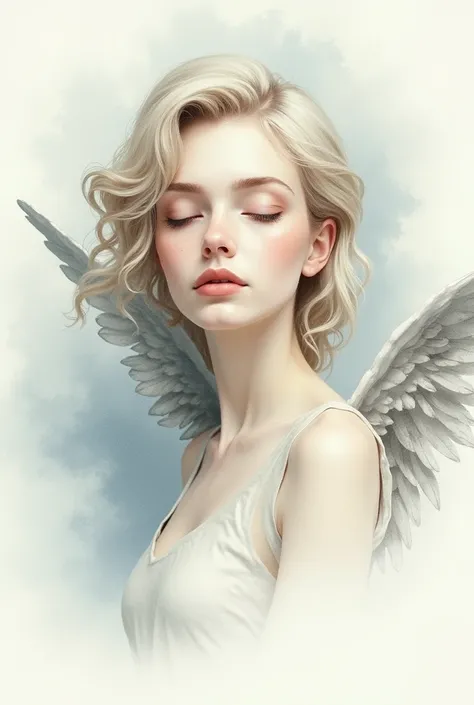 (watercolor) portrait, genderless angel, wings are silver, eyes are closed