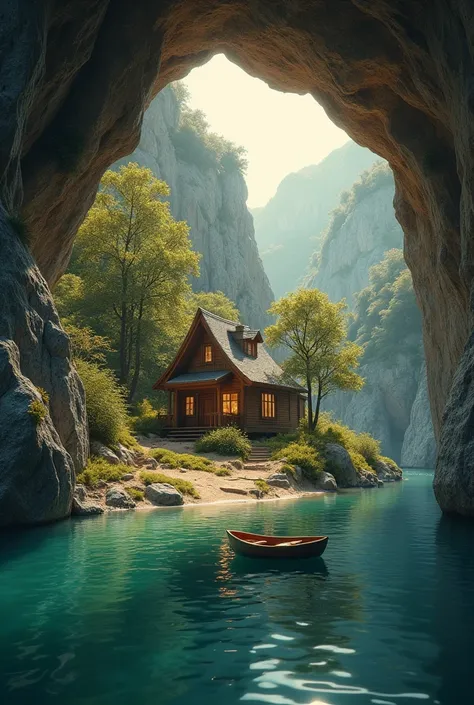 a small tiny house in center of cave on small island, surrounded by serene lake, beautiful detailed house, stone cave walls, underwater scene, clear water, calm lake, sunlight shining through cave entrance, warm golden lighting, highly detailed, photoreali...