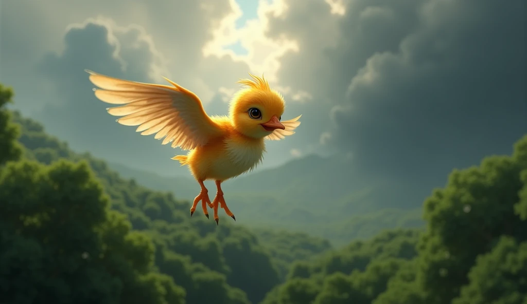 The chick realizes it can fly as it stabilizes itself in the air. It is now seen soaring confidently above the forest, with the storm starting to clear in the distance.
