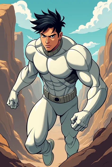 Thin but muscular man with black hair and brown eyes, as well as a white hero suit and a style that I want to be more specifically a cartoon of the young titans in action  