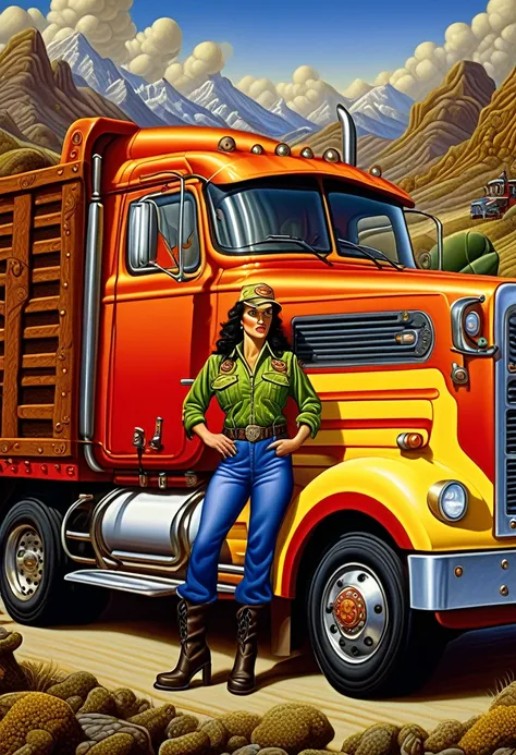 female truck driver, 8k, super detailed, dangerous, todd schorr