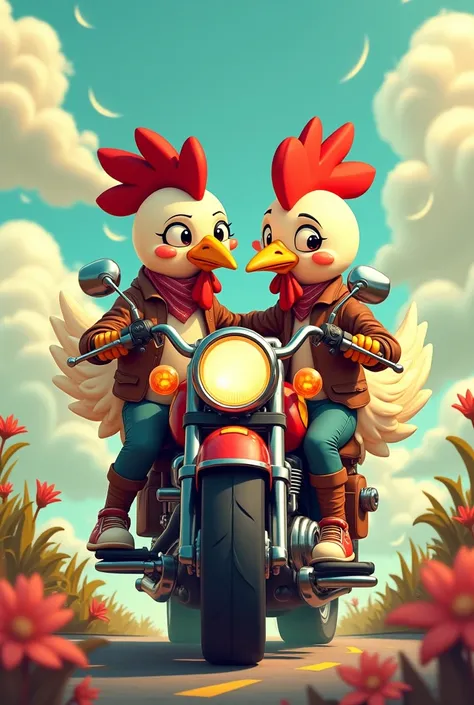 I need a picture of two romantic cartoon chickens riding a motorcycle 