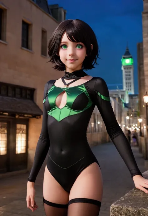 young severus snapes daughter,11year old,black hair, green eyes ,cosplay Ochaco Uraraka ,1girl , anime , masterpiece , smug smile ,short hair, hero uniforme leotard ,uravity , medium breasts , coxas , night city, sexy
