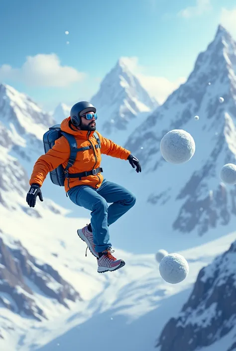 30 years Indian man is skidiving with poles on the snow mountain, large snow ball is fall on him, he escaped and jumped in air and and he wears orange jacket, blue pant, helmet, black glasses