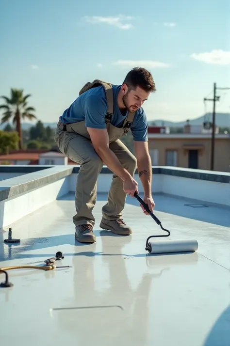 A man waterproofing a roof with liquid waterproofing film 