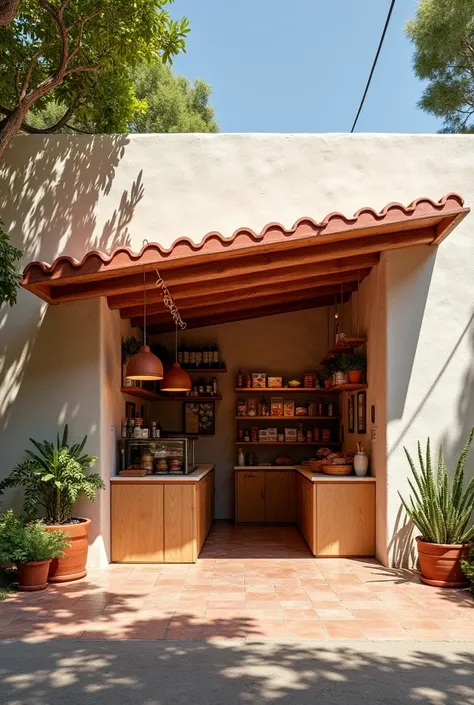 Commercial premises selling meat inside a market in a modern Mexican style using light colours and light-coloured stone cladding with a sloping front overhang of annealed red clay tiles
