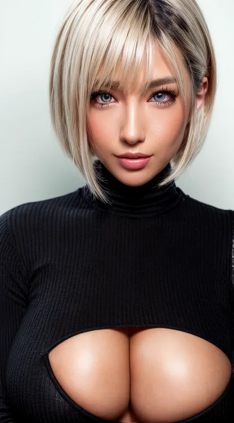 1 girl, solo, japanese, best quality, ultra high res, raw photo, (photorealistic:1.4), masterpiece, detailed face, detailed eyes, detailed skin, (black turtleneck shirt:1.2), tight jeans, (gigantic breasts:1.1), cleavage, platinum blonde hair, bob cut, (bl...