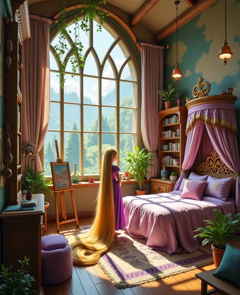 Rapunzel standing in her bedroom。This circular room at the top of the tower is spacious and bright，With high vaulted ceilings。One wall has a large arched window，Offers spectacular views of the surrounding forest，and let in plenty of natural light。The walls...