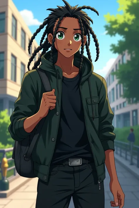 My Hero Academia, Dark Skin, Male, Freckles, , teen, Dreads, Green Eyes, Black Outfit, Hero, male character, casual outfit, modern clothes, school setting, relaxed pose 