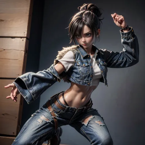 A fierce female fighter in a fighting stance, wearing a loose crop top, oversized denim jacket, and cargo pants, her hair tied up in a messy bun. One arm is raised defensively, while the other is pulled back, ready to strike, with determination in her eyes...