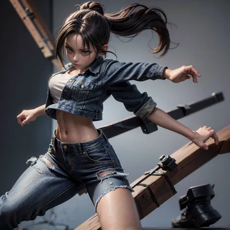 A fierce female fighter in a fighting stance, wearing a loose crop top, oversized denim jacket, and cargo pants, her hair tied up in a messy bun. One arm is raised defensively, while the other is pulled back, ready to strike, with determination in her eyes...