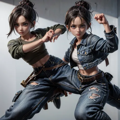 A fierce female fighter in a fighting stance, wearing a loose crop top, oversized denim jacket, and cargo pants, her hair tied up in a messy bun. One arm is raised defensively, while the other is pulled back, ready to strike, with determination in her eyes...