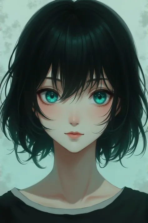 Short black hair、A touch of blue-green、Hanging eyes、Draw an odd-eyed girl